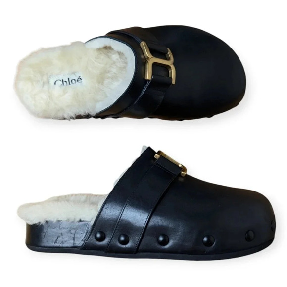 Chloé Leather Mules Black Size 6 Shearling Slip-On Designer Luxury - Picture 1 of 12